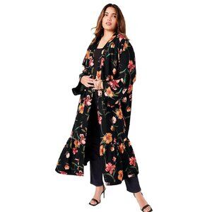 June + Vie Floral Reversible Kimono Duster Size 1X  22/24 Polka Dot Satin Black